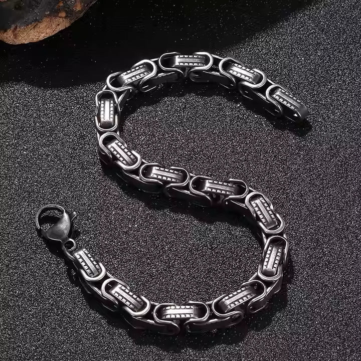 Men’s Stainless Steel Bracelet with Vintage Greek Key Design, Durable Chain Style Jewelry for Punk & Biker Looks