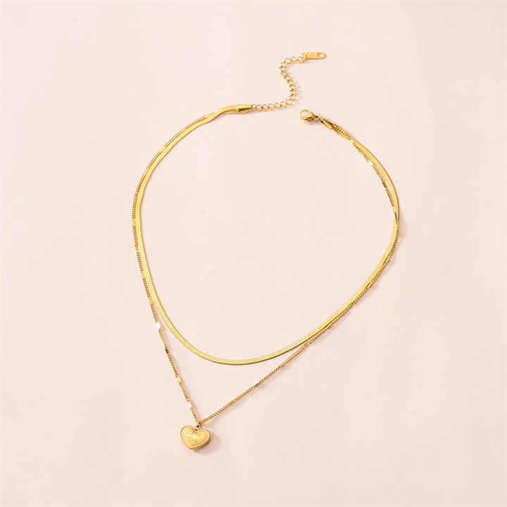 18K Gold Stainless Steel Double Layer Necklace with Heart Pendant & Flat Herringbone Chain – Trendy Layered Look