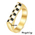 Geometric Checkerboard Enamel Ring – 18K Gold Plated Stainless Steel, Black & White Grid, Bold Rectangle Statement
