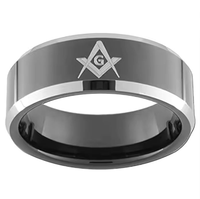 8mm Black Tungsten Carbide Masonic Ring – Polished Freemason Compass & Square Symbol Band for Men – Durable & Scratch-Resistant