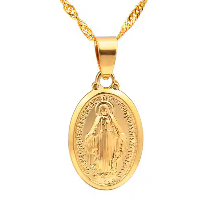 Virgin Mary Pendant Necklace – Stainless Steel Oval Religious Medal Jewelry for Women, Faithful Style