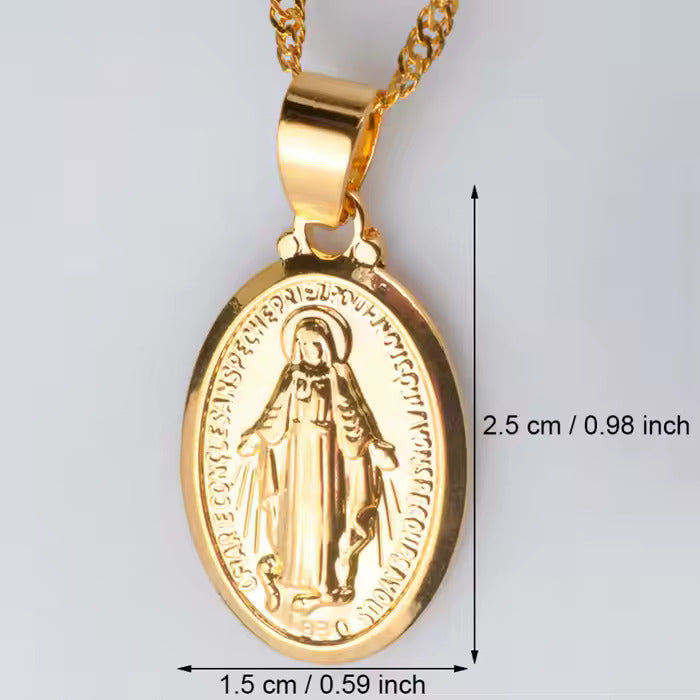 Virgin Mary Pendant Necklace – Stainless Steel Oval Religious Medal Jewelry for Women, Faithful Style