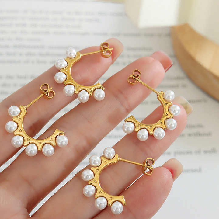 18K Gold Plated C-Shape Pearl Huggie Earrings for Women, Stainless Steel Minimalist Hoop in Gold or Silver Finish