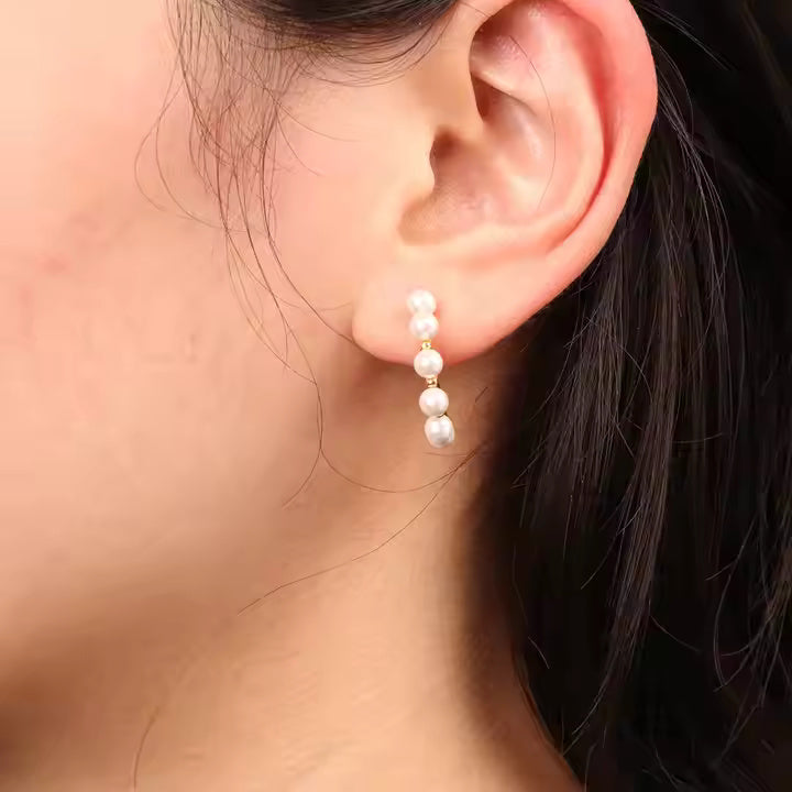 18K Gold Plated C-Shape Pearl Huggie Earrings for Women, Stainless Steel Minimalist Hoop in Gold or Silver Finish