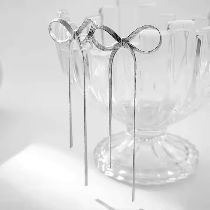 Stainless Steel Bow Tie Stud Earrings with Herringbone Tassel Chain – Elegant Drop Dangle Style in Silver or Gold