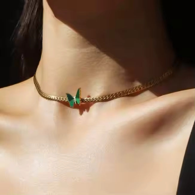 Gold Plated Stainless Steel Green Enamel Butterfly Necklace – Snake Chain Choker for Trendy Layered Looks
