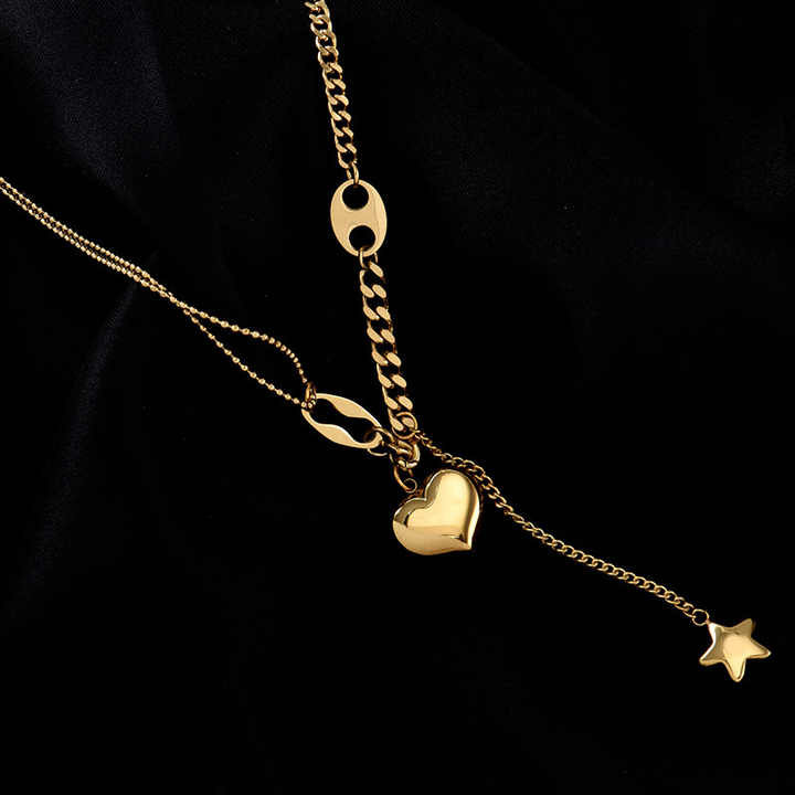 Gold Plated Stainless Steel Double Layer Lariat Necklace with Star, Heart & Symbol Charms – Minimalist Fashion Statement Jewelry