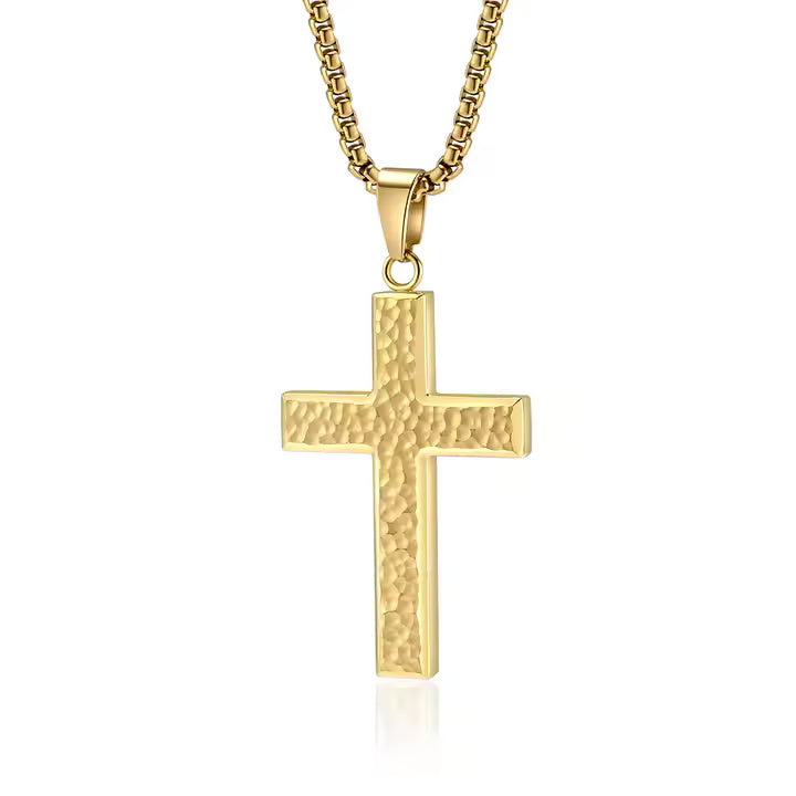 Men’s Hammered Stainless Steel Cross Necklace – Religious Pendant with Box Chain in Silver, Gold, or Black Finish
