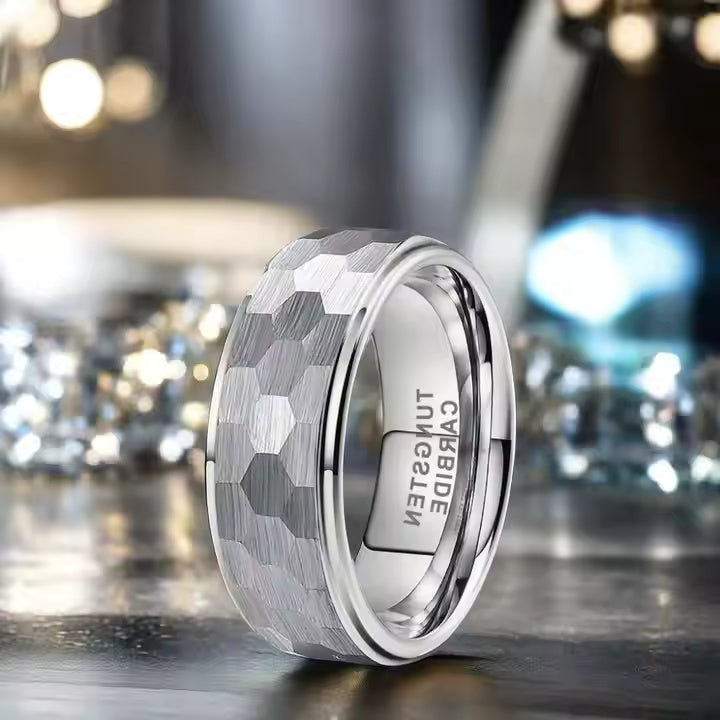 8mm Hammered Tungsten Carbide Wedding Band Ring – Eternity Comfort Fit Ring for Men – Durable & Modern Style