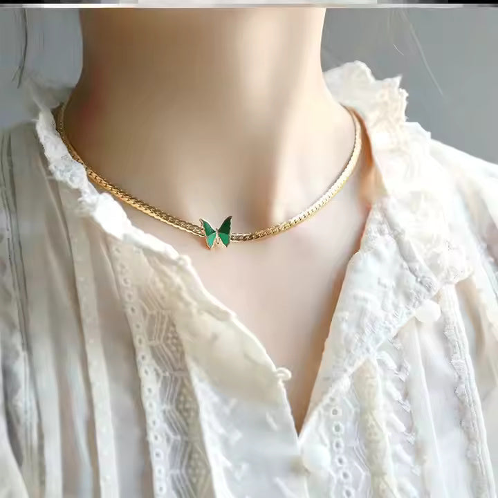 Gold Plated Stainless Steel Green Enamel Butterfly Necklace – Snake Chain Choker for Trendy Layered Looks