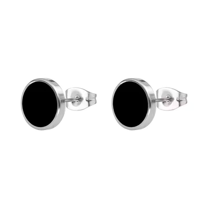 Black Oil Drip Stainless Steel Stud Earrings for Men and Women, Round Minimalist Glossy Enamel Design