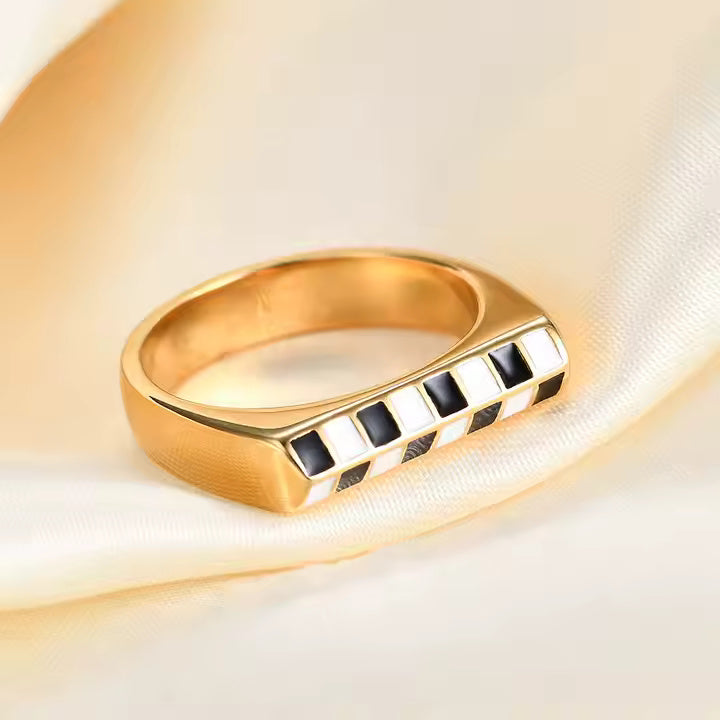 Geometric Checkerboard Enamel Ring – 18K Gold Plated Stainless Steel, Black & White Grid, Bold Rectangle Statement