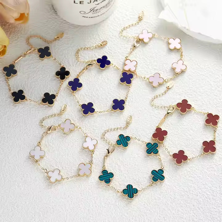 Gold Stainless Steel Clover Bracelet – Pink, White & Black Crystal Inlay – Dainty 4-Leaf Design for Layered Looks