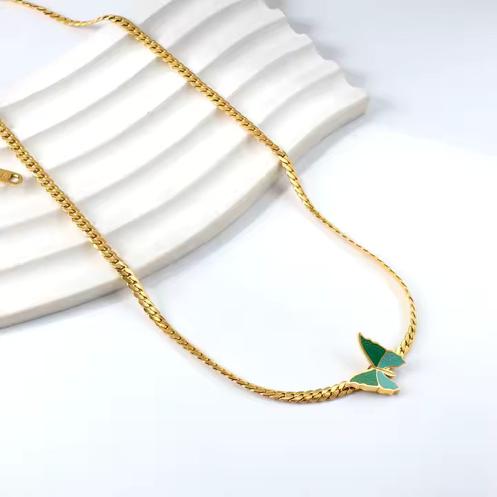 Gold Plated Stainless Steel Green Enamel Butterfly Necklace – Snake Chain Choker for Trendy Layered Looks