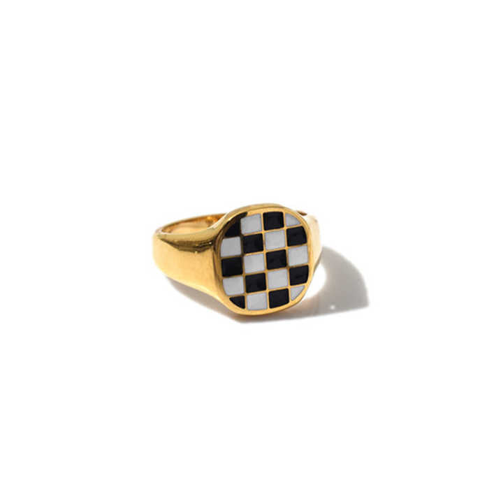 Square Checkerboard Enamel Ring – Black & White Grid, 18K Gold Plated Stainless Steel, Chunky Statement Jewelry