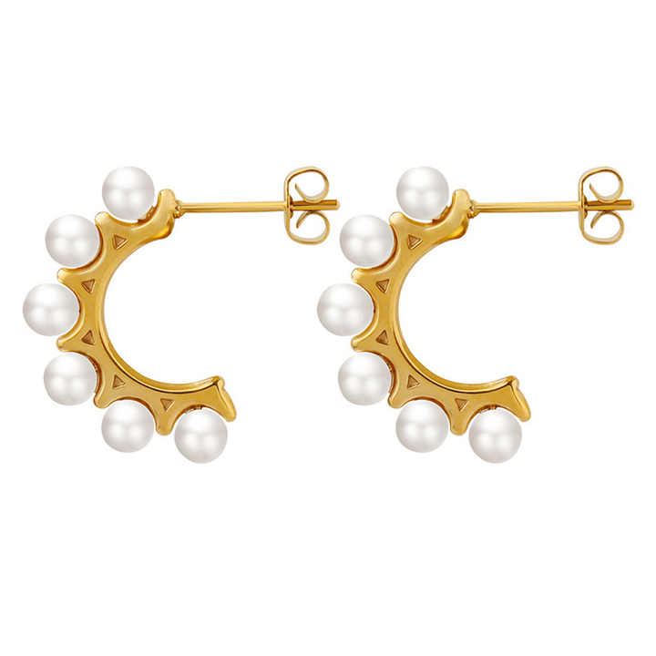 18K Gold Plated C-Shape Pearl Huggie Earrings for Women, Stainless Steel Minimalist Hoop in Gold or Silver Finish
