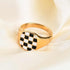 Square Checkerboard Enamel Ring – Black & White Grid, 18K Gold Plated Stainless Steel, Chunky Statement Jewelry