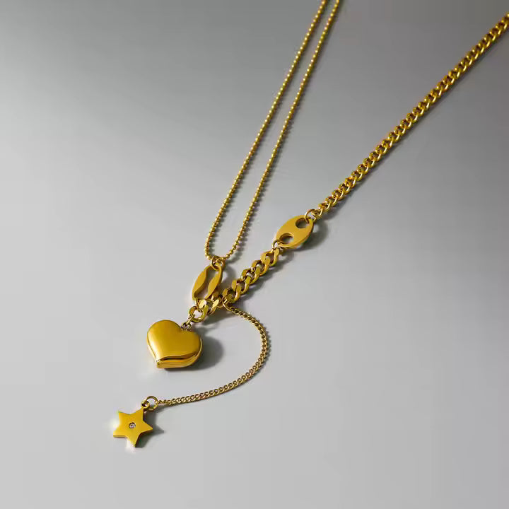 Gold Plated Stainless Steel Double Layer Lariat Necklace with Star, Heart & Symbol Charms – Minimalist Fashion Statement Jewelry