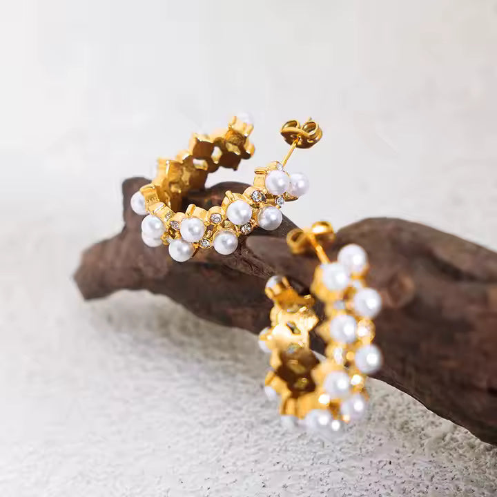 Gold Plated C-Shape Huggie Stud Earrings with Pearl & CZ, Double Line Stainless Steel Hoop Earrings for Women