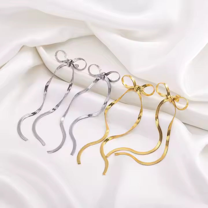 Stainless Steel Bow Tie Stud Earrings with Herringbone Tassel Chain – Elegant Drop Dangle Style in Silver or Gold