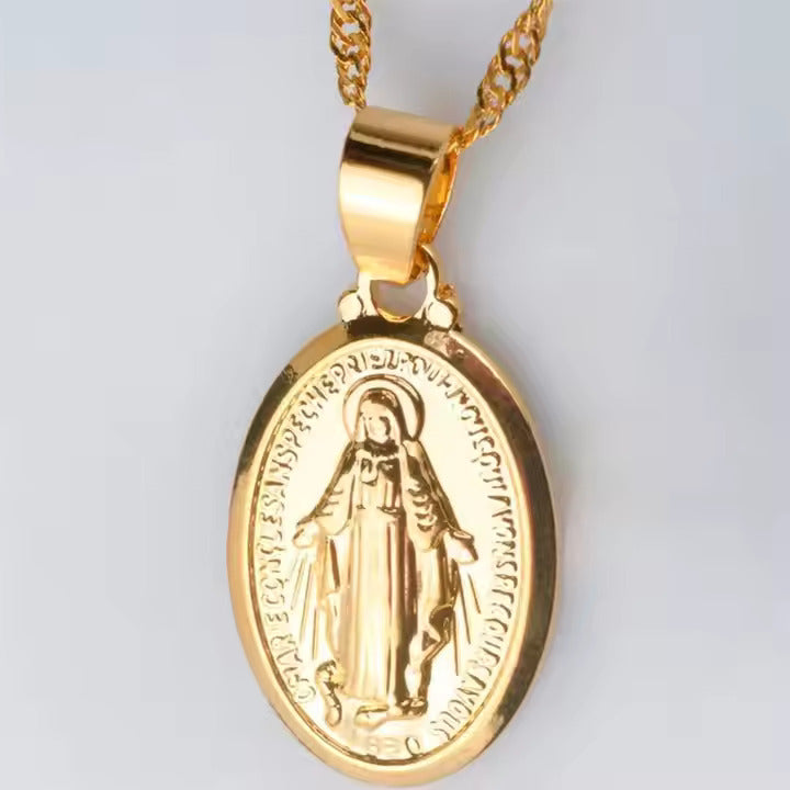 Virgin Mary Pendant Necklace – Stainless Steel Oval Religious Medal Jewelry for Women, Faithful Style