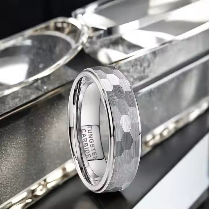 8mm Hammered Tungsten Carbide Wedding Band Ring – Eternity Comfort Fit Ring for Men – Durable & Modern Style