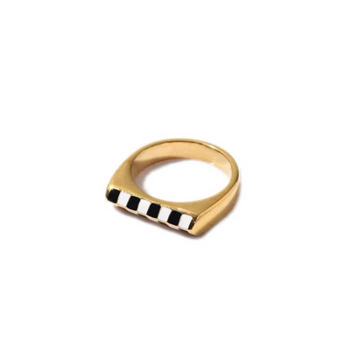 Geometric Checkerboard Enamel Ring – 18K Gold Plated Stainless Steel, Black & White Grid, Bold Rectangle Statement