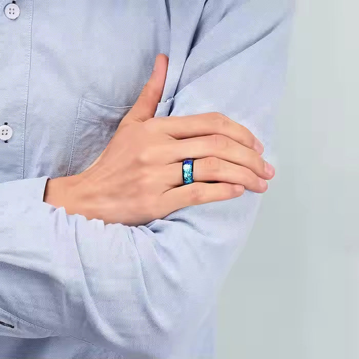 8mm Black Tungsten Carbide Wedding Band – Crushed Blue Purple Shell Inlay Ring – Durable Comfort Fit for Men & Women