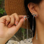 Stainless Steel Bow Tie Stud Earrings with Herringbone Tassel Chain – Elegant Drop Dangle Style in Silver or Gold