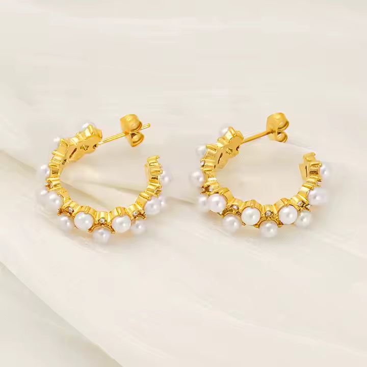 Gold Plated C-Shape Huggie Stud Earrings with Pearl & CZ, Double Line Stainless Steel Hoop Earrings for Women