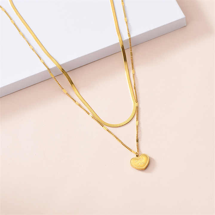 18K Gold Stainless Steel Double Layer Necklace with Heart Pendant & Flat Herringbone Chain – Trendy Layered Look