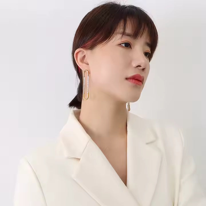 18K Gold Plated U-Shape CZ Drop Stud Earrings for Women, Geometric Stainless Steel Minimalist Dangle Jewelry