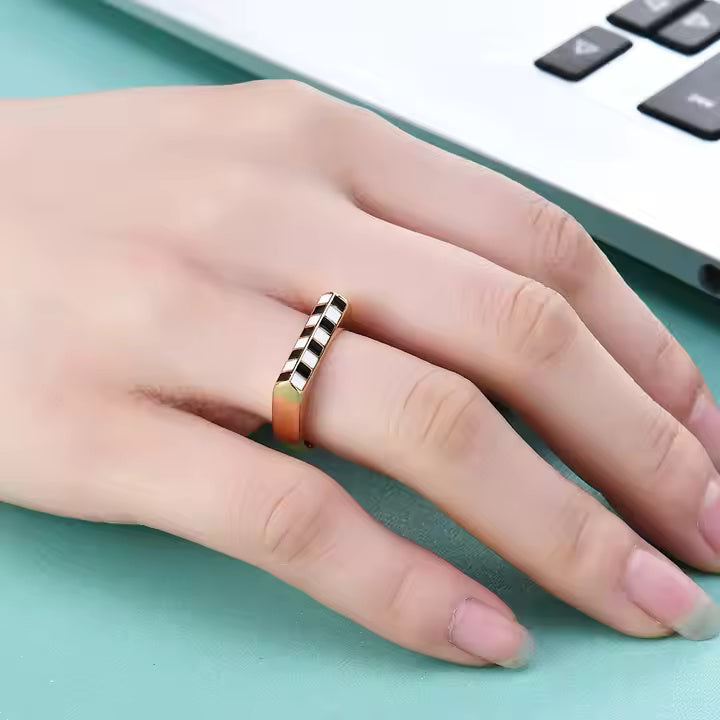 Geometric Checkerboard Enamel Ring – 18K Gold Plated Stainless Steel, Black & White Grid, Bold Rectangle Statement