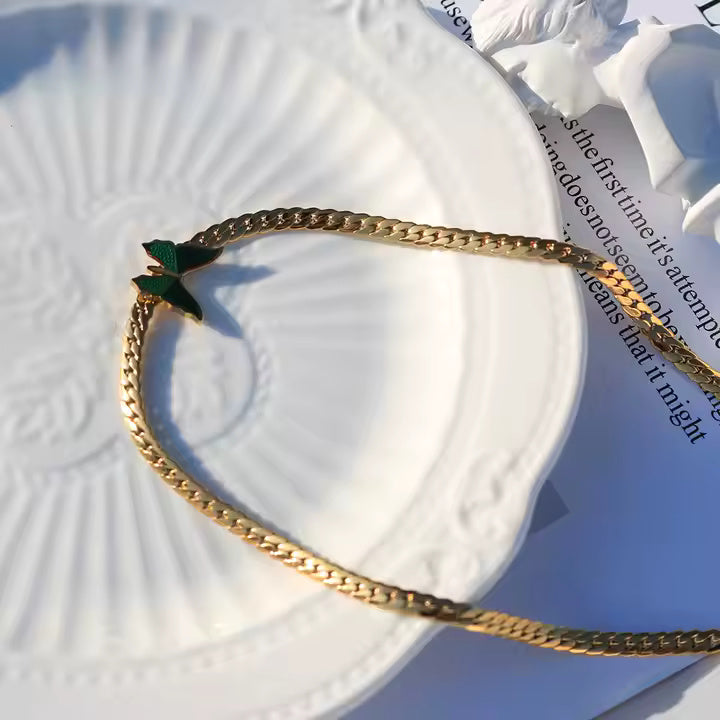 Gold Plated Stainless Steel Green Enamel Butterfly Necklace – Snake Chain Choker for Trendy Layered Looks