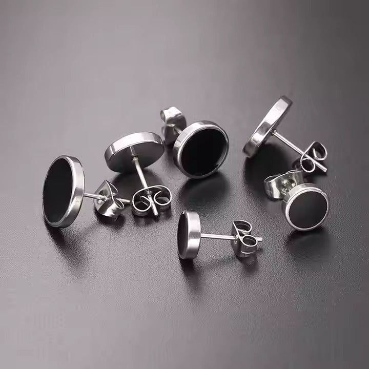 Black Oil Drip Stainless Steel Stud Earrings for Men and Women, Round Minimalist Glossy Enamel Design