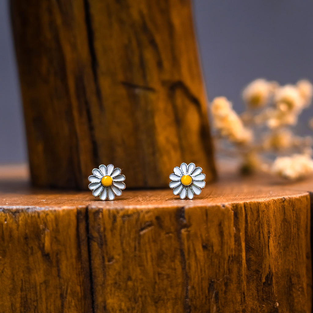 Enamel Daisy Sterling Silver Stud Earrings