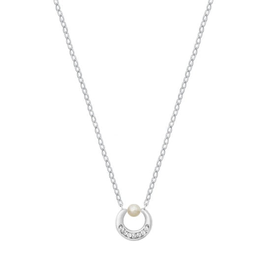Elegant Pearl & CZ Crescent Sterling Silver Necklace – Dainty Minimalist Pendant for Everyday Style