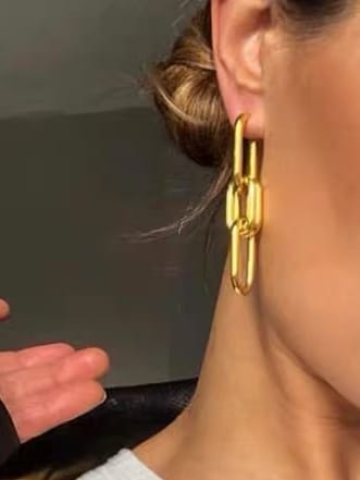 Chain Link Geometric Drop Earrings for Women – Hollow Titanium Steel Vintage Dangles in Gold & Silver Finish