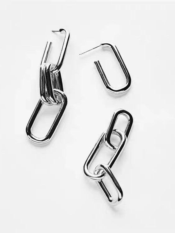 Chain Link Geometric Drop Earrings for Women – Hollow Titanium Steel Vintage Dangles in Gold & Silver Finish