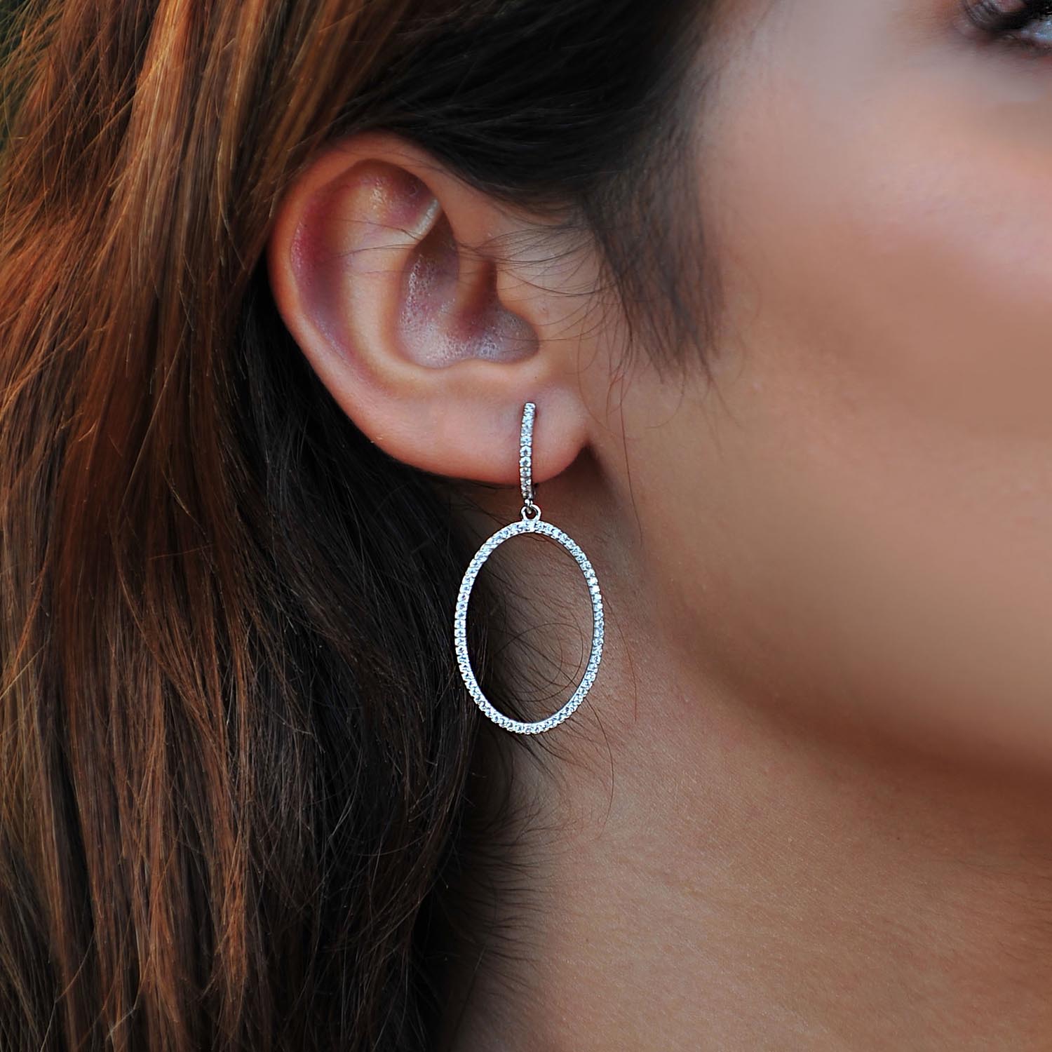 Pave CZ Oval Sterling Silver 925 Drop Hoops