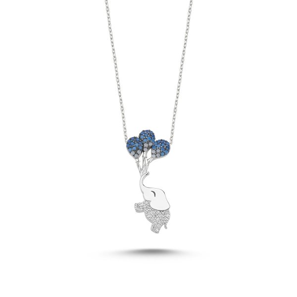 Blue/Pink CZ Flying Elephant & Balloon Sterling Silver Necklace