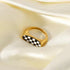 Oval Checkerboard Enamel Ring – 18K Gold Plated Stainless Steel, Black & White Grid Pattern, Bold Statement Style