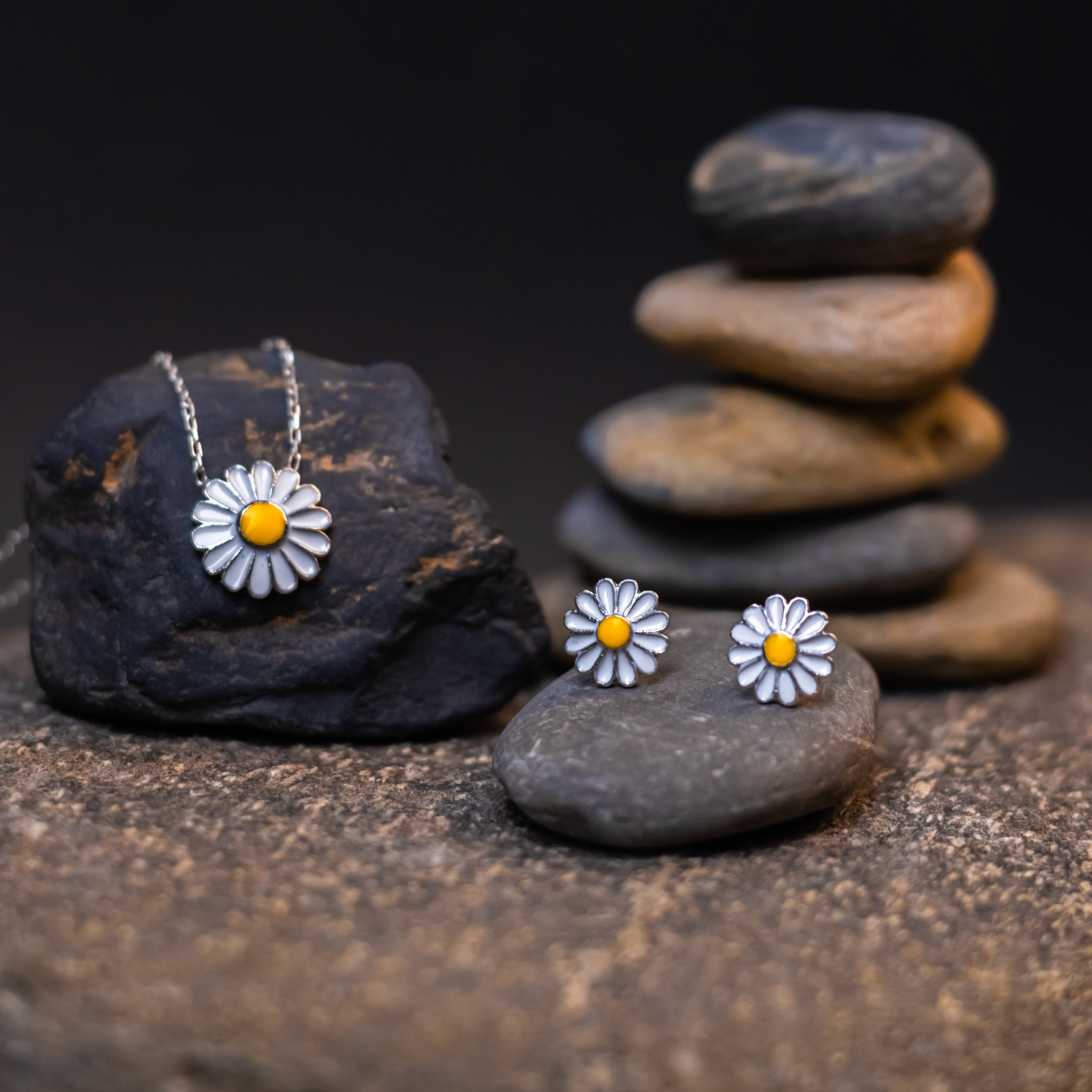Enamel Daisy Sterling Silver Set