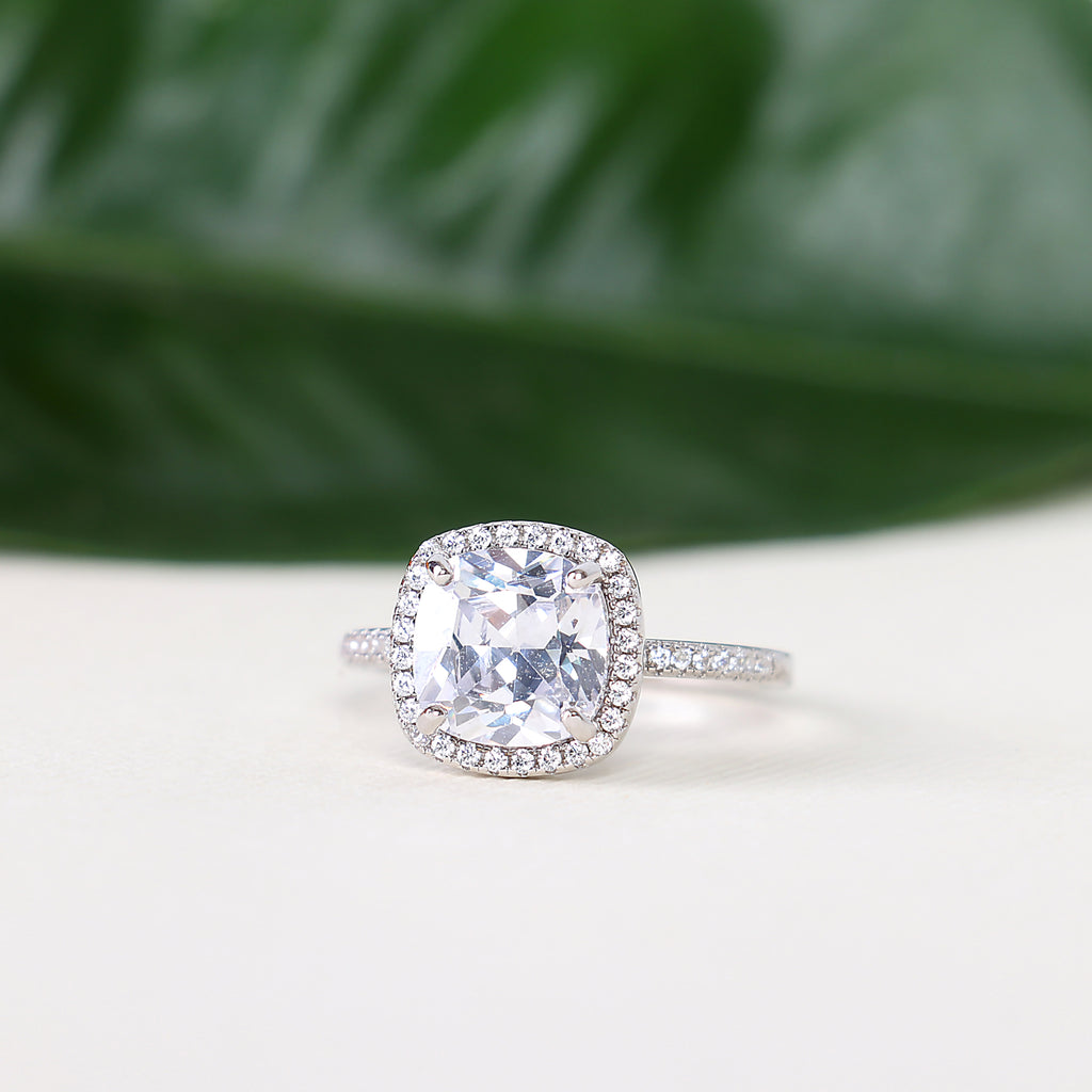Cushioin Cut Halo Cathedral Setting CZ Sterling Silver Ring