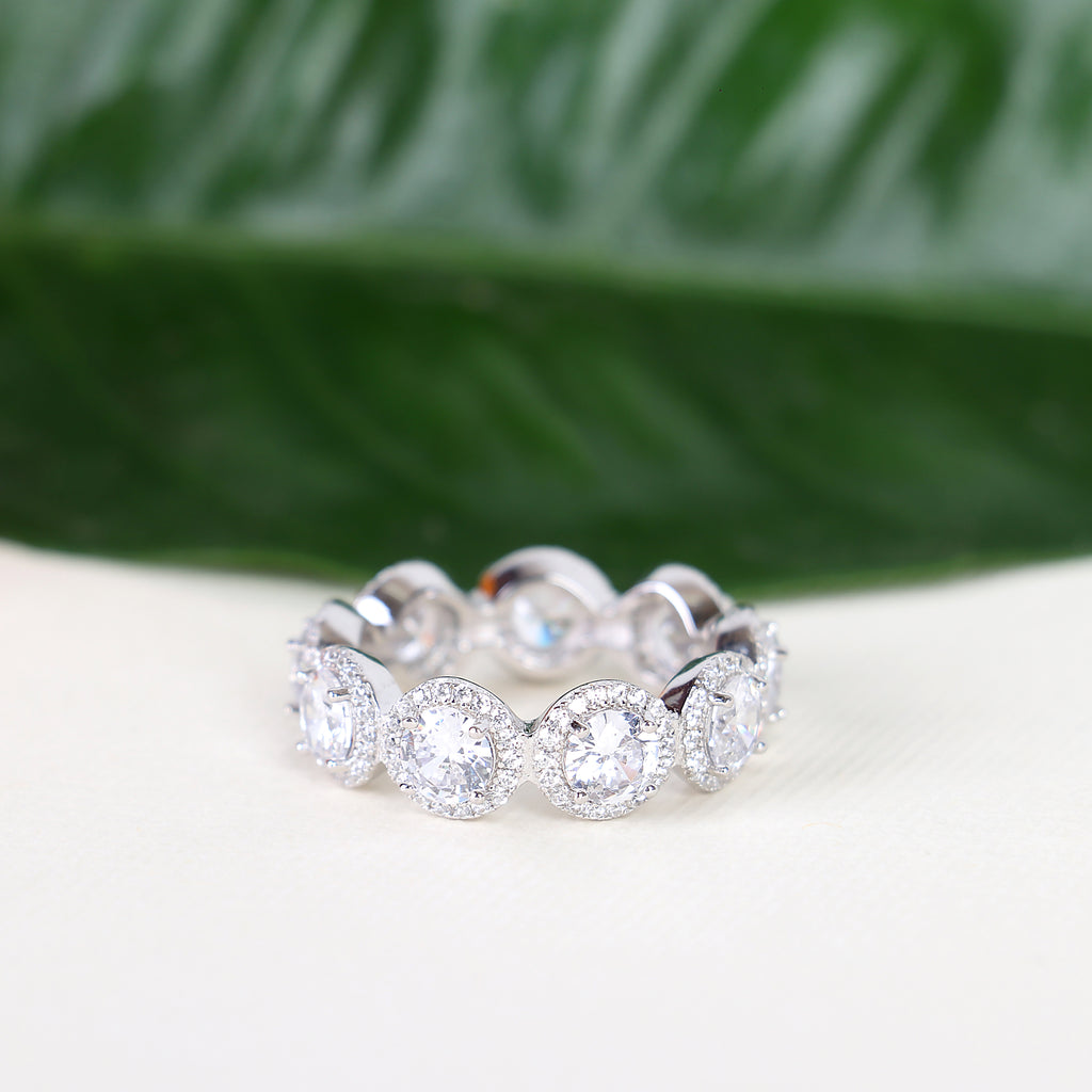 Round Cut CZ Halo Eternity Sterling Silver Ring