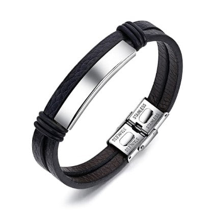 Stainless Steel Name Plate Leather Bracelet