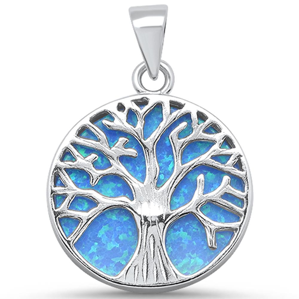 Round Opal Tree of Life Rhodium Plated Sterling Silver Necklace