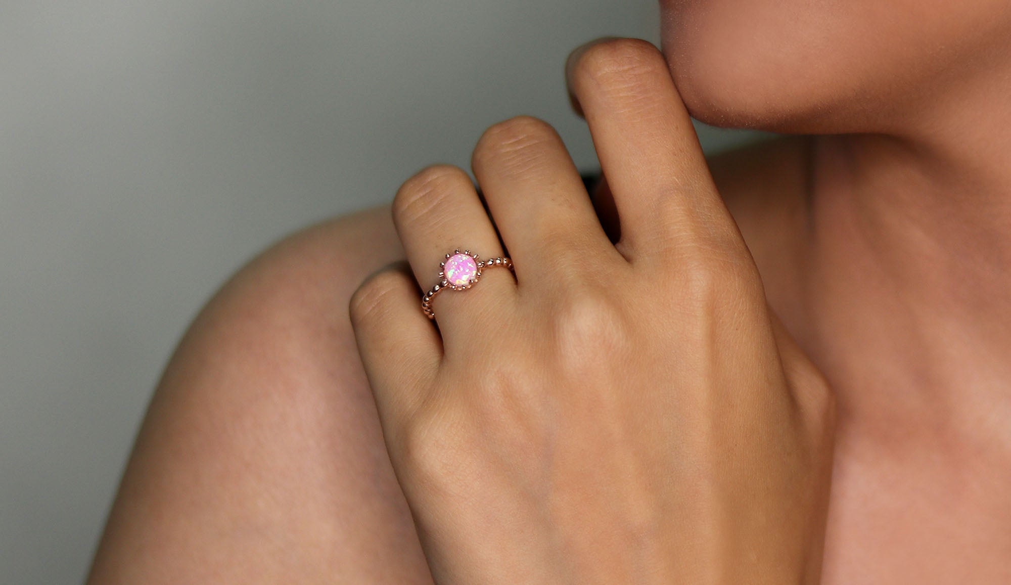 Pink Round Opal Solitaire Silver Ring