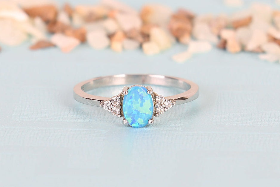 Blue Oval Opal Accented With CZ Sterling Silver Ring