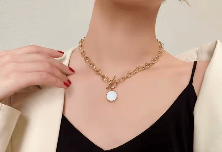Gold Plated Stainless Steel Round Mother of Pearl Pendant Necklace